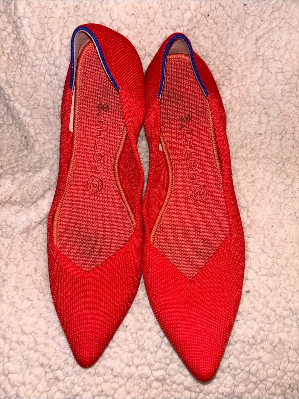 Rothy’s The Point Red Cobalt Blue Trim Pointed Flats Women’s Size 9 US